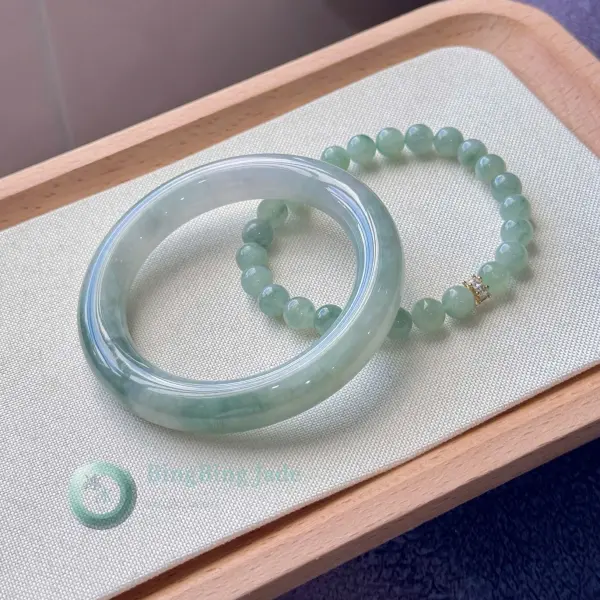 Pale Spring Float — Icy Glutinous Jadeite Bangle & Bead Bracelet Set 50.6mm