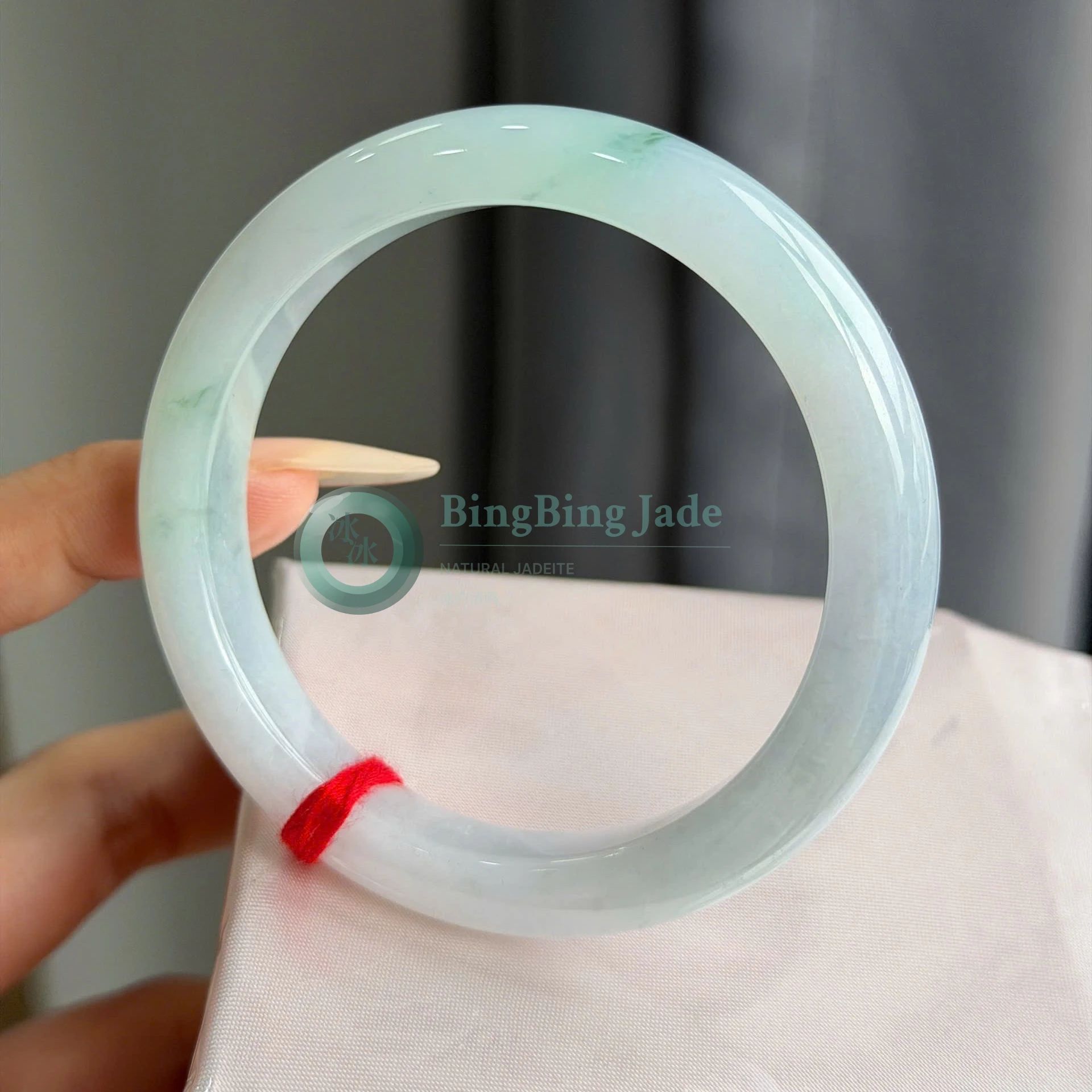 Icy Glutinous Jelly Bangle 56mm Lavender Undertone — White Jade with Floating Green Blossoms & Lavender Undertone