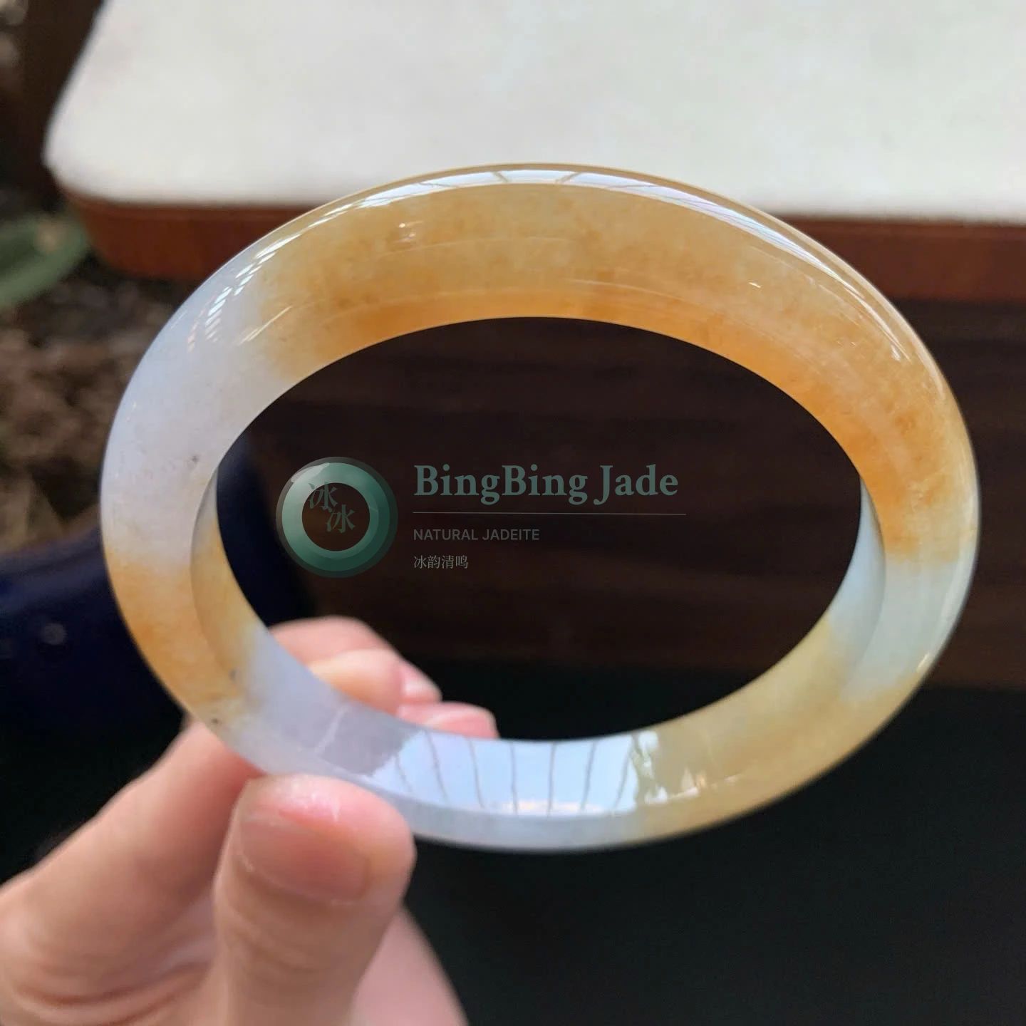 Honey & Frost Jadeite Bangle 58.8mm — Warm Amber Melting into Cool Lavender Undertone