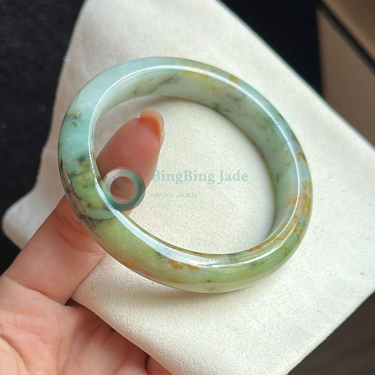 Spring Meadow Jade Bangle 58.6mm — Mossy Green with Golden Honey Veins