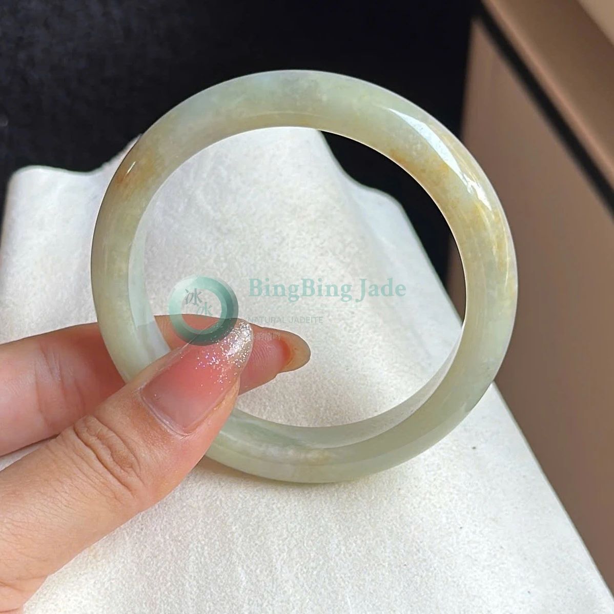 Gentle Spring Meadow Jadeite Bangle 57mm — Soft Green with Honeyed Blush