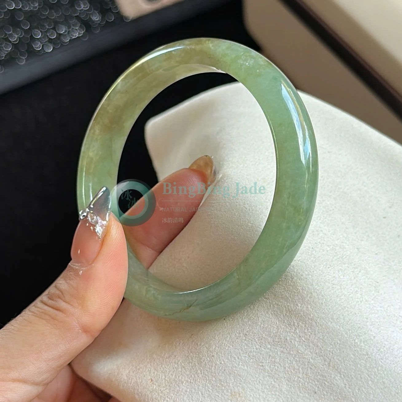 Spring Meadow Glutinous Jadeite Bangle 57.5mm — Gentle Green with Golden Honey Wisps