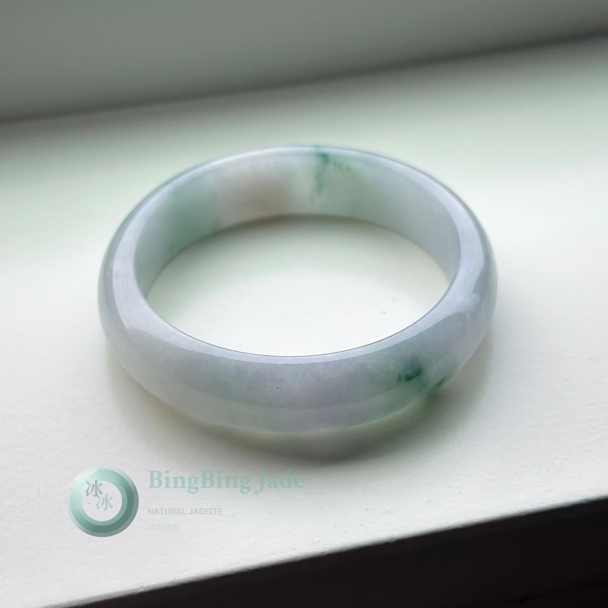 Moonlight Lavender over Milky White Jadeite Bangle 55mm — Floating Green Blossoms