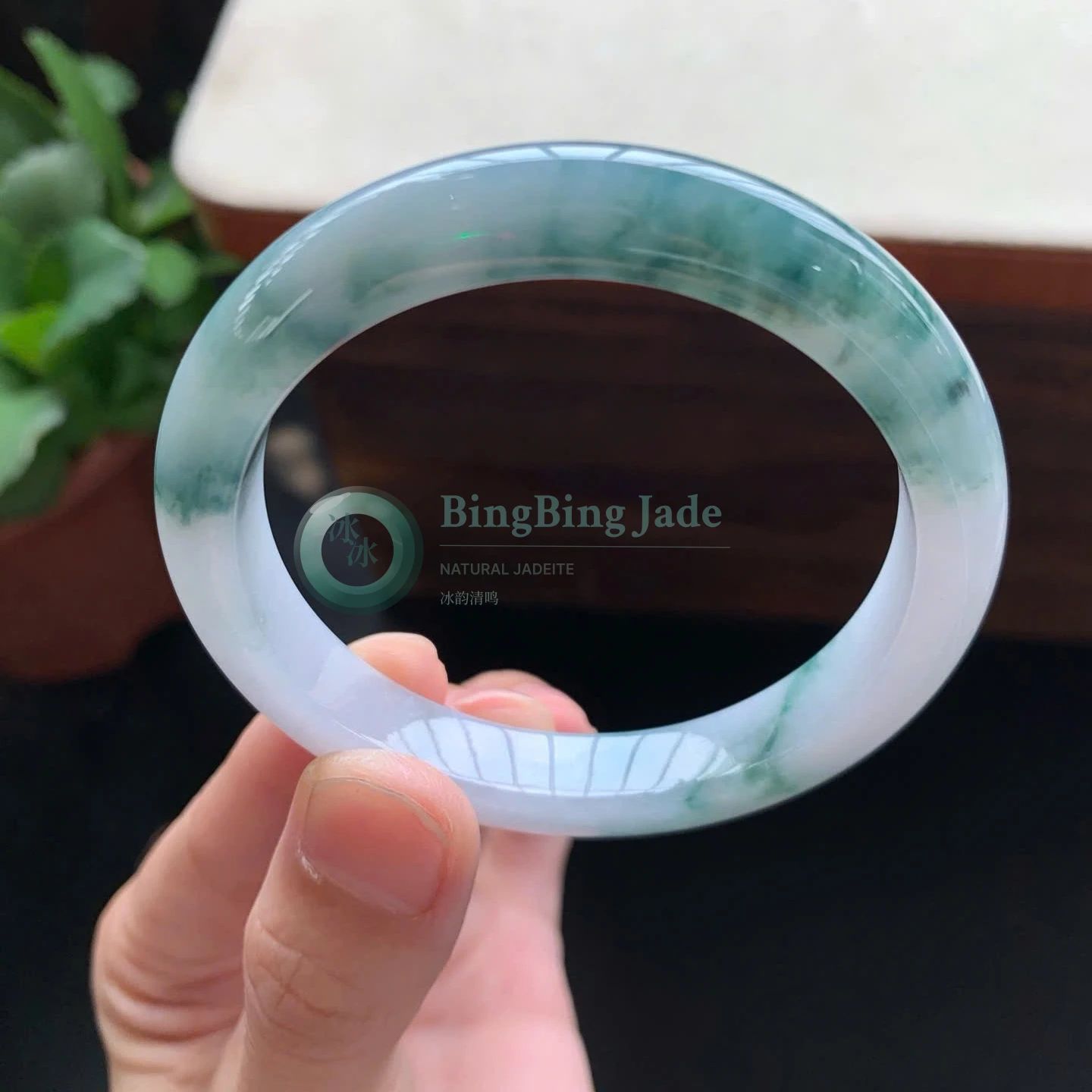 Misty Glacier with Floating Emerald Clusters — Jadeite Bangle 53.5mm