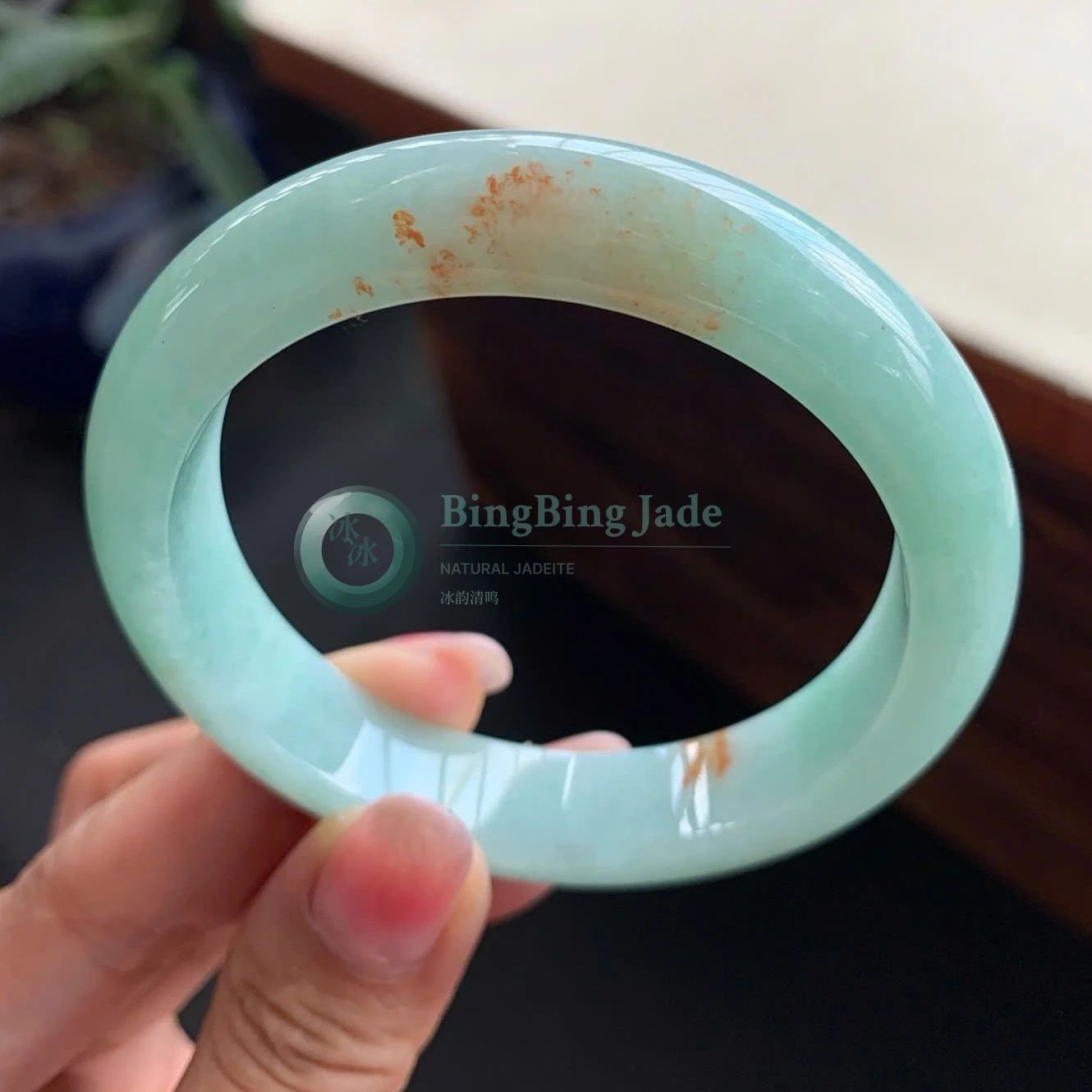 Koi Pond — Soft Aqua Jadeite Bangle with Golden Russet Drift 55mm