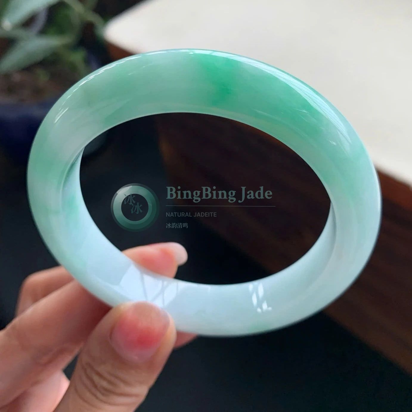 Pale Aqua with Floating Emerald Bloom Bangle 56.6mm