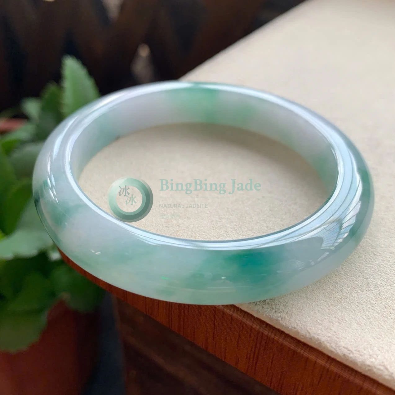 Soft Aqua Drift with Emerald Blooms — Jadeite Bangle 50mm