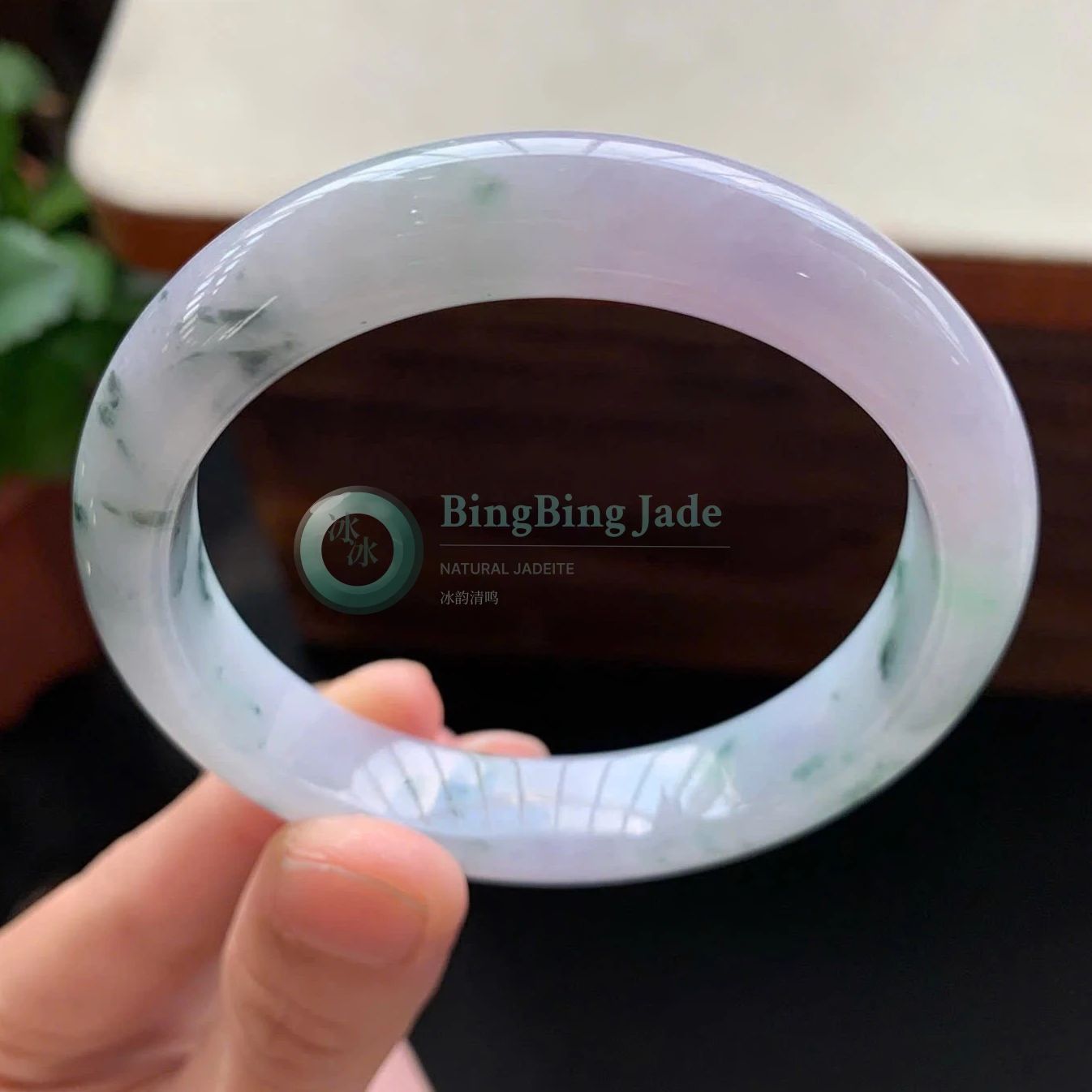 Moonlight Lavender with Floating Green Kisses — Jadeite Bangle 56mm