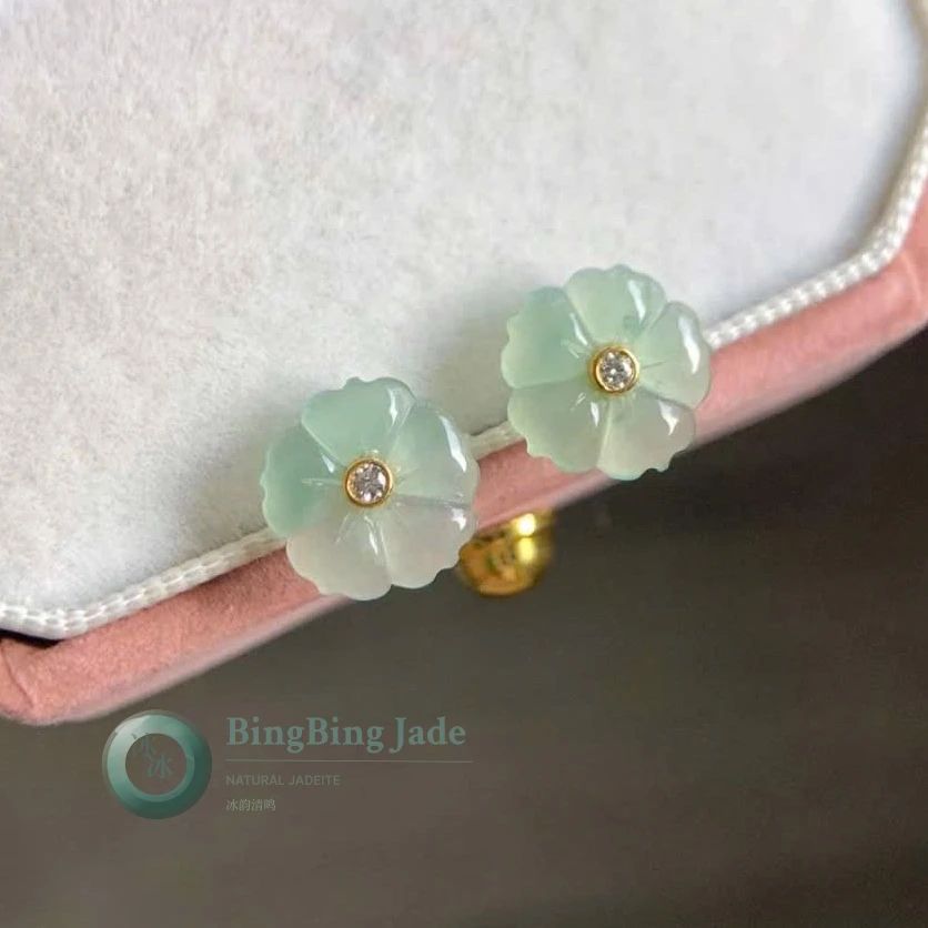 Icy Pale Green Blossom Jadeite Flower Stud Earrings — 18K Gold