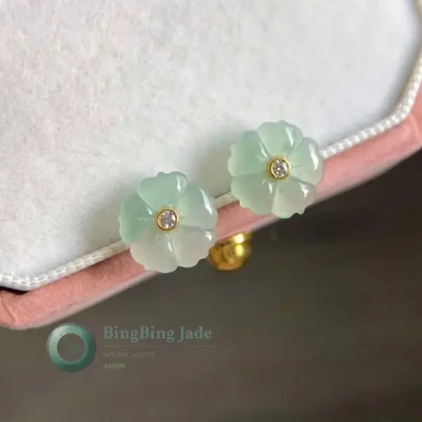 Icy Pale Green Blossom Jadeite Flower Stud Earrings — 18K Gold