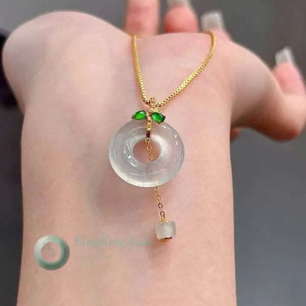 Icy Donut Pendant with Vivid Emerald Leaf Bail — 18K Gold