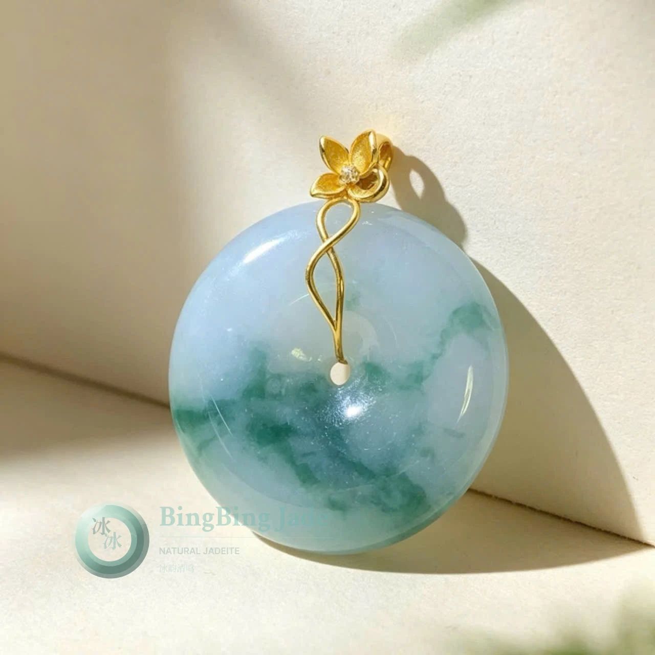Misty Lagoon Jadeite Peace Donut with 18K Gold Lotus Bail