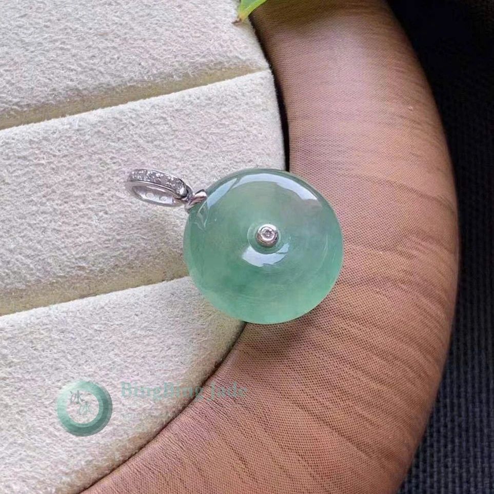 Icy Celadon Floating Disc Pendant — Petite Khấu on 18K Bail