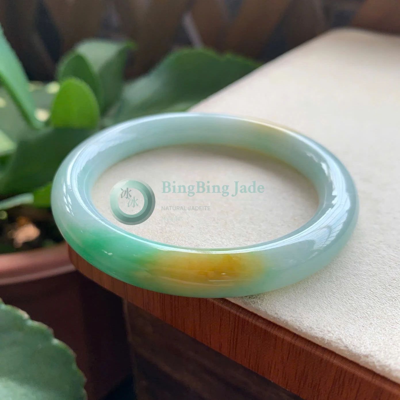 Tricolor Spring Meadow Bangle — Green and Golden Honey Jadeite 53mm