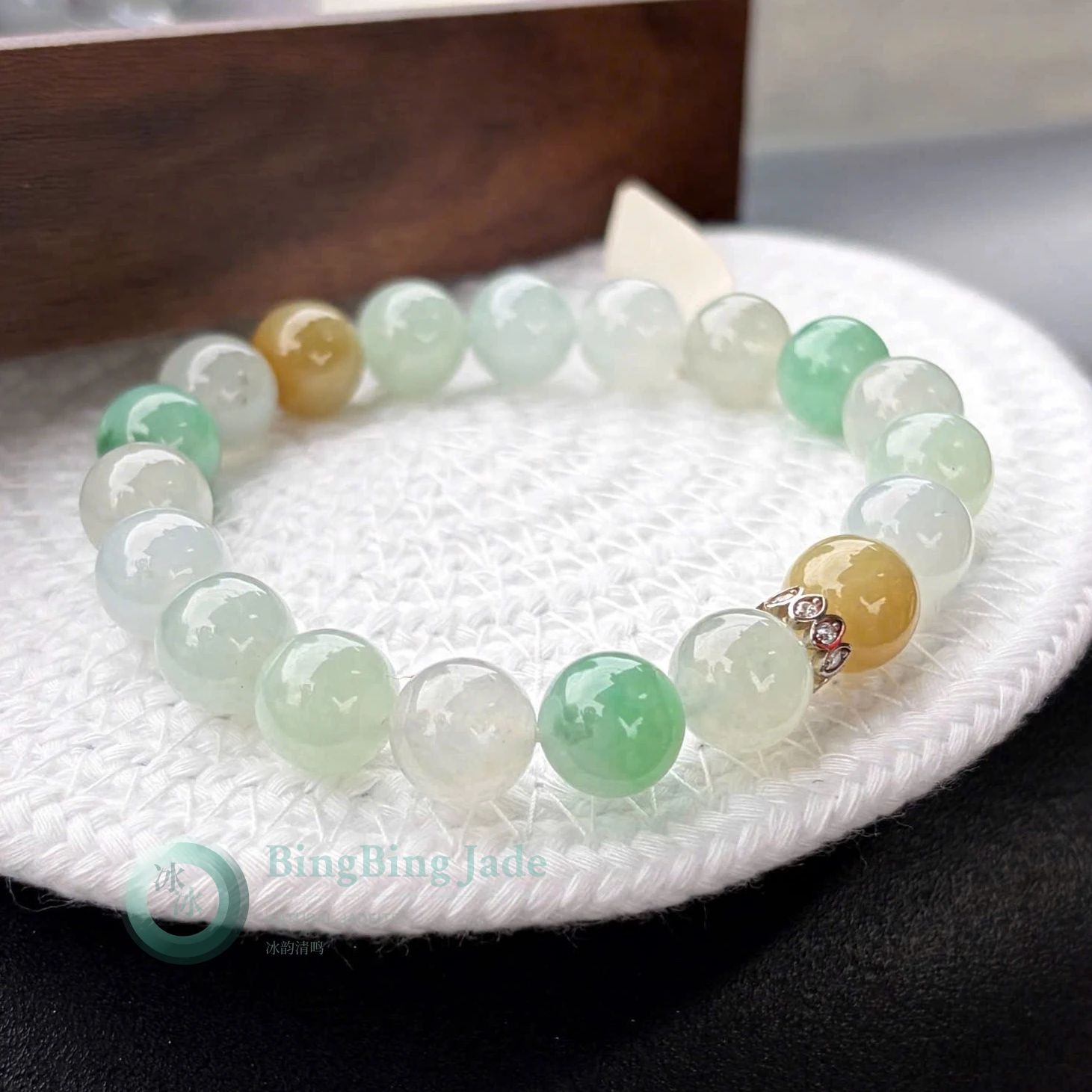 Spring Meadow Multi-Color Jadeite Bead Bracelet 10mm — Green, Gold & Soft White