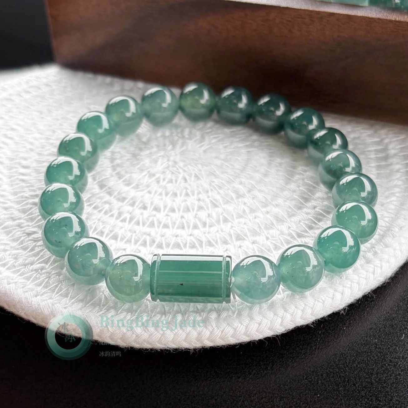 Icy Teal-Green Jadeite Bead Bracelet with Barrel Charm