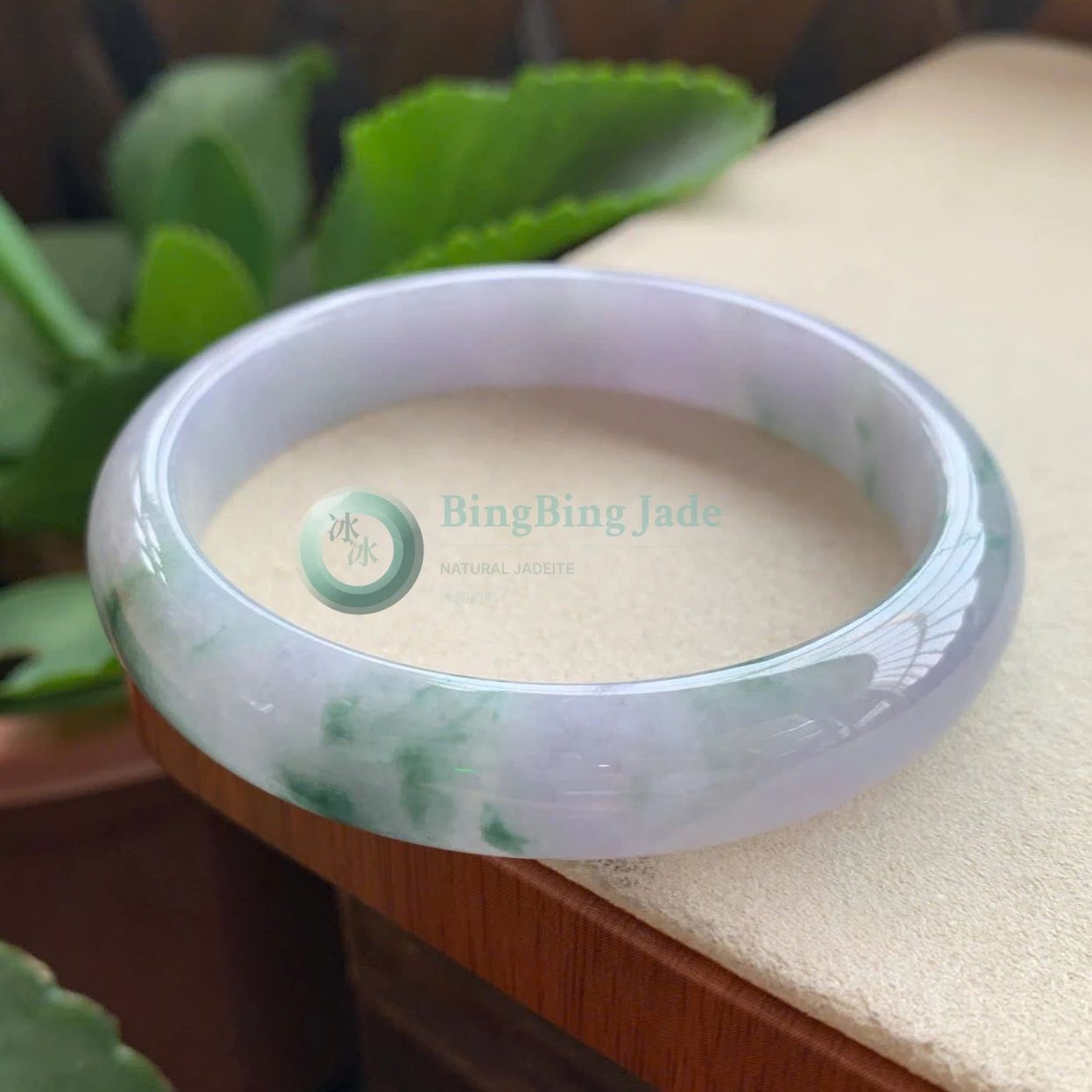 Lavender Undertone with Floating Emerald Patches — Jadeite Bangle 60mm