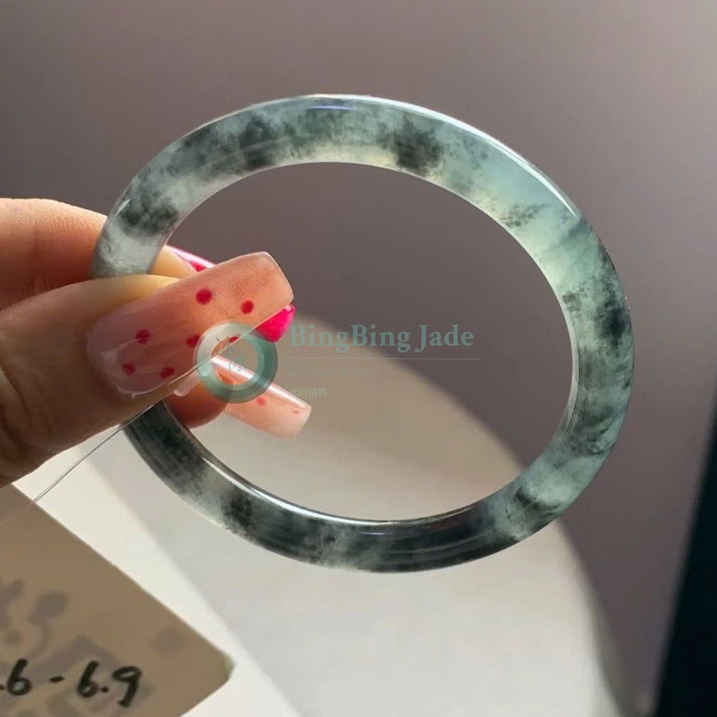 Icy Ink Wash Jadeite Bangle 52mm — Floating Dark Clouds on Glass