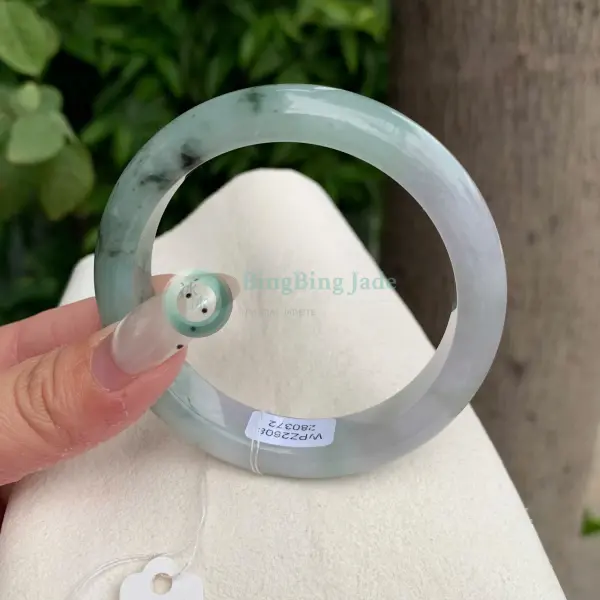 Soft Celadon with Dark Moss Wisps — Jadeite Bangle 54mm