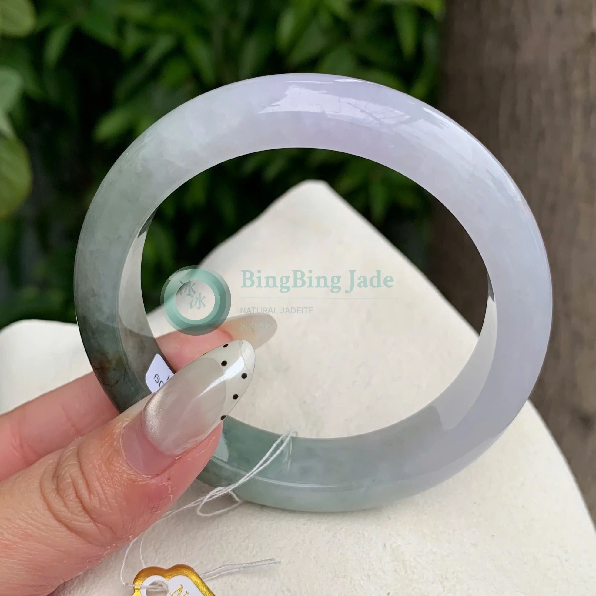 Lavender Mist with Forest Green Embrace — Jadeite Bangle 56.7mm