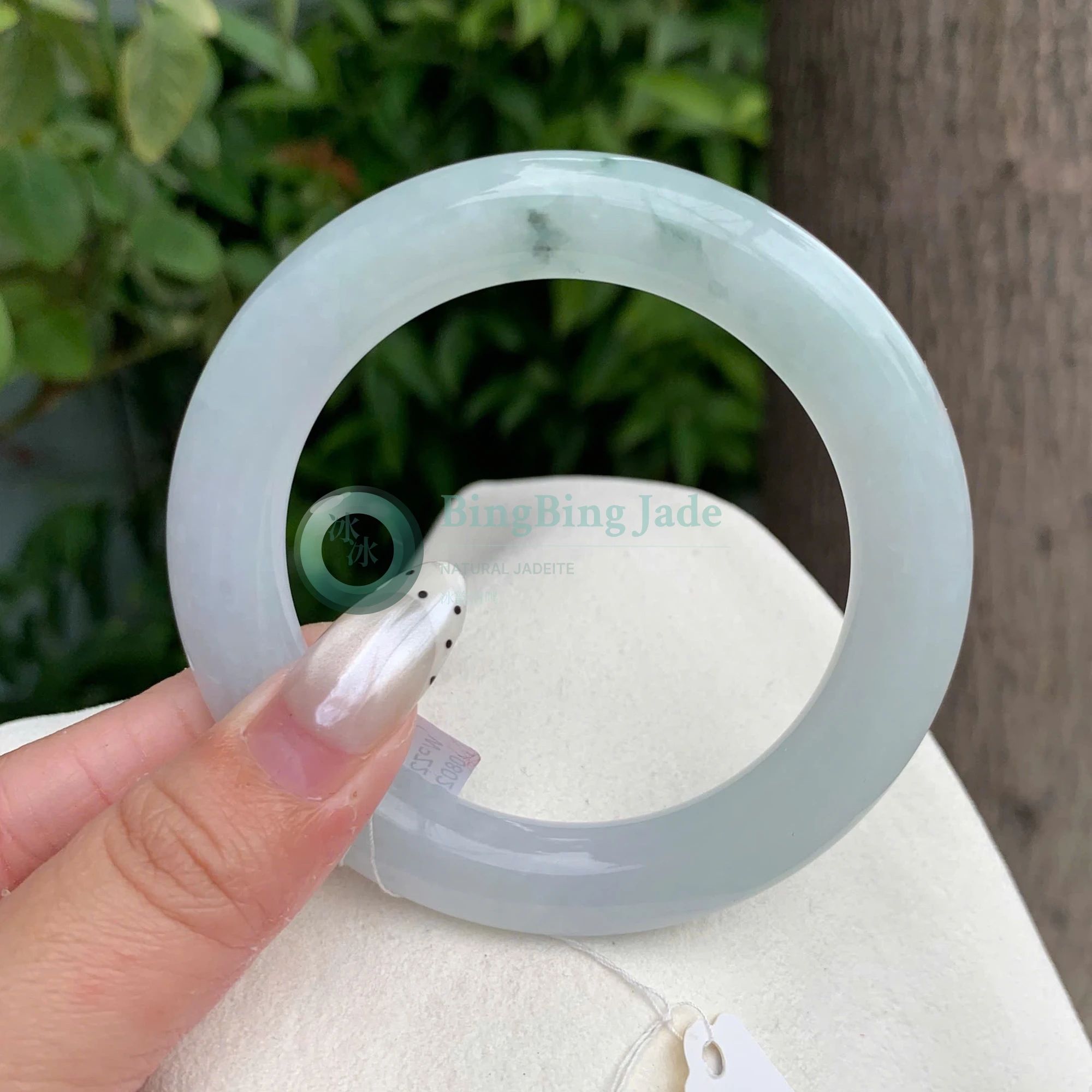 Pale Glacier Jade Bangle 53.8mm — Soft Bluish-White with Quiet Green Wisps