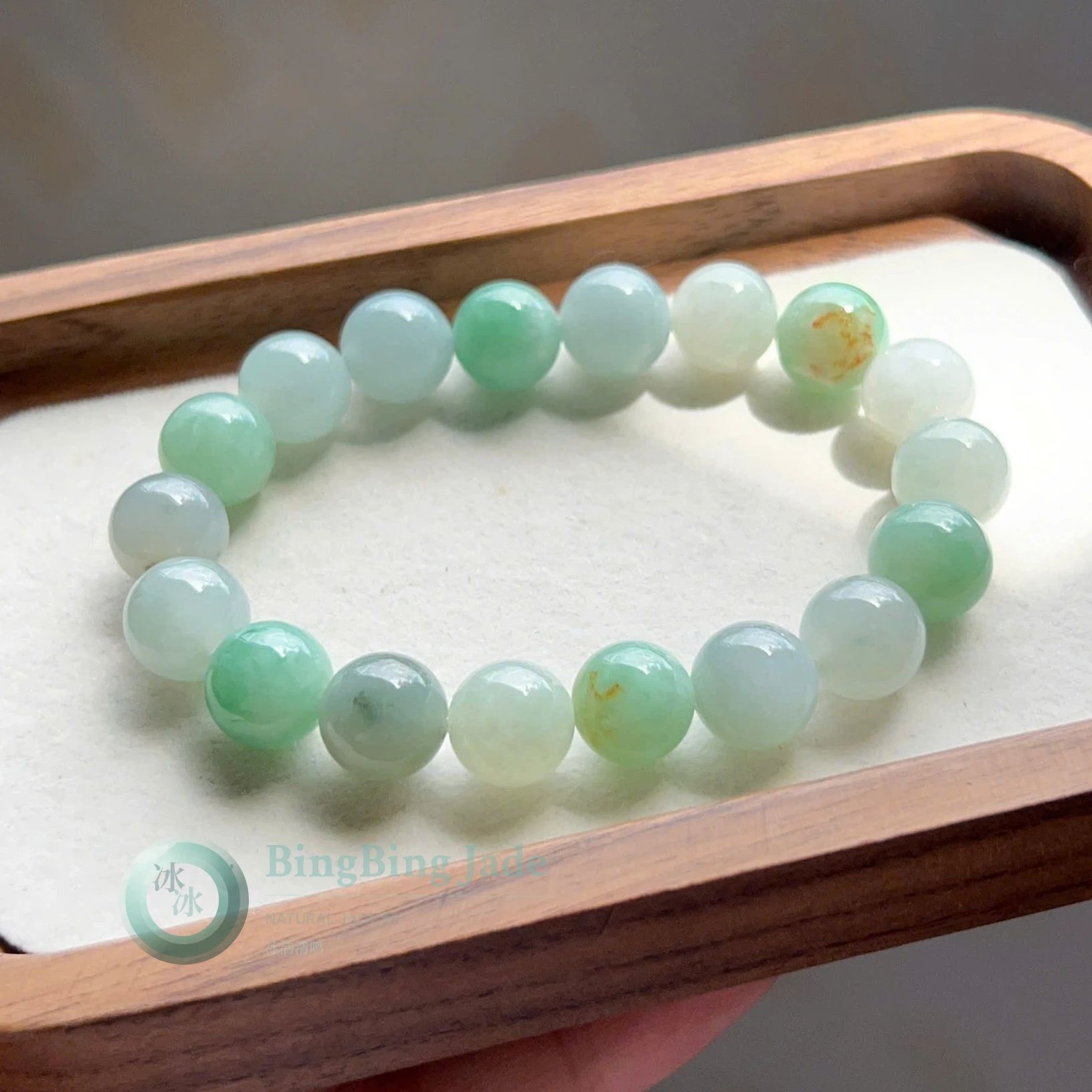 Spring Meadow Jadeite Bead Bracelet 11mm — Soft Green with Golden Wisps