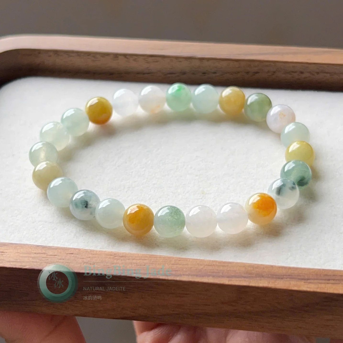 Spring Meadow Multicolor Jadeite Bracelet 7.9mm — Icy Glutinous Greens, Honey Gold & White