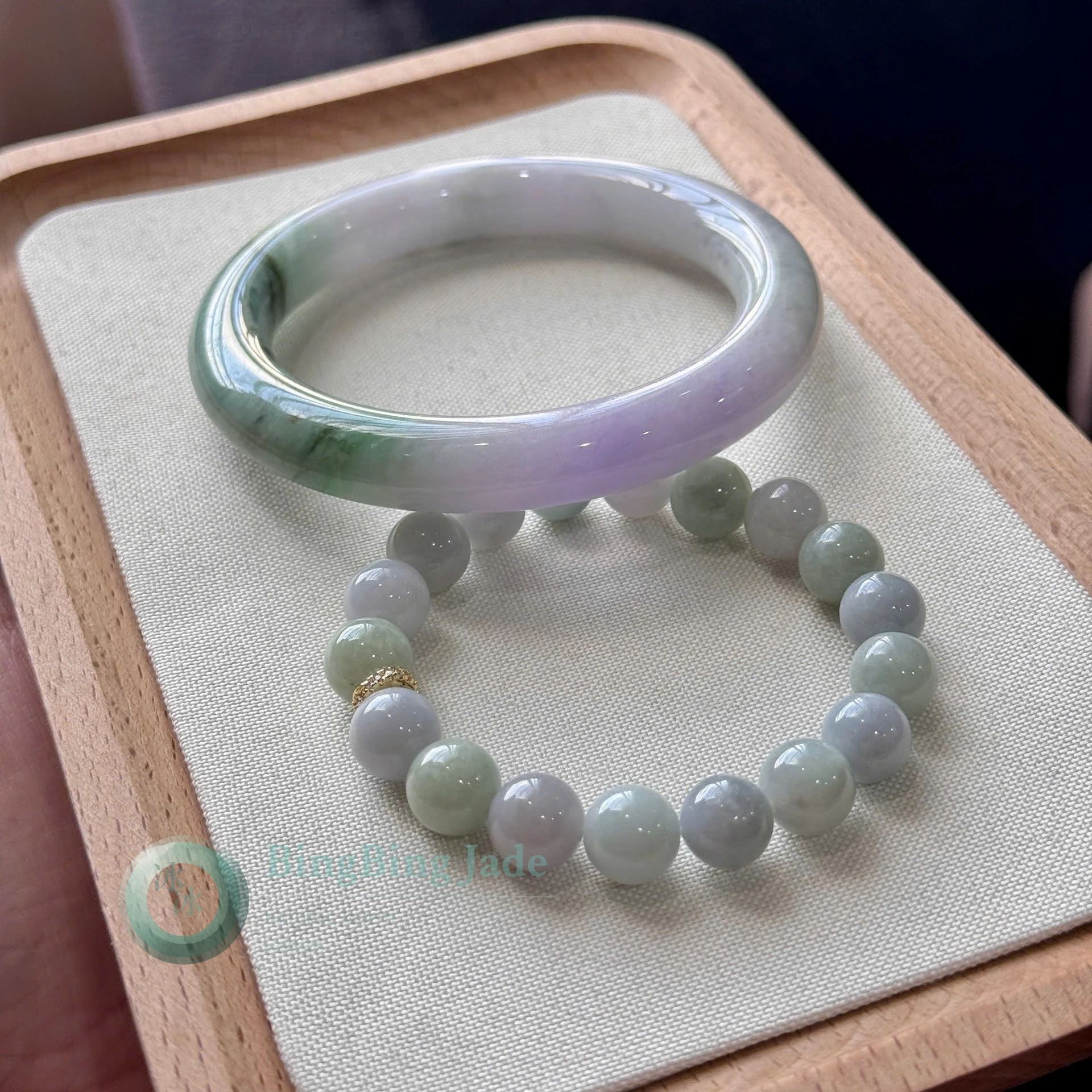Spring Bloom Lavender & Green Jadeite Bangle Set 61.7mm — Violet Drift with Emerald Veins