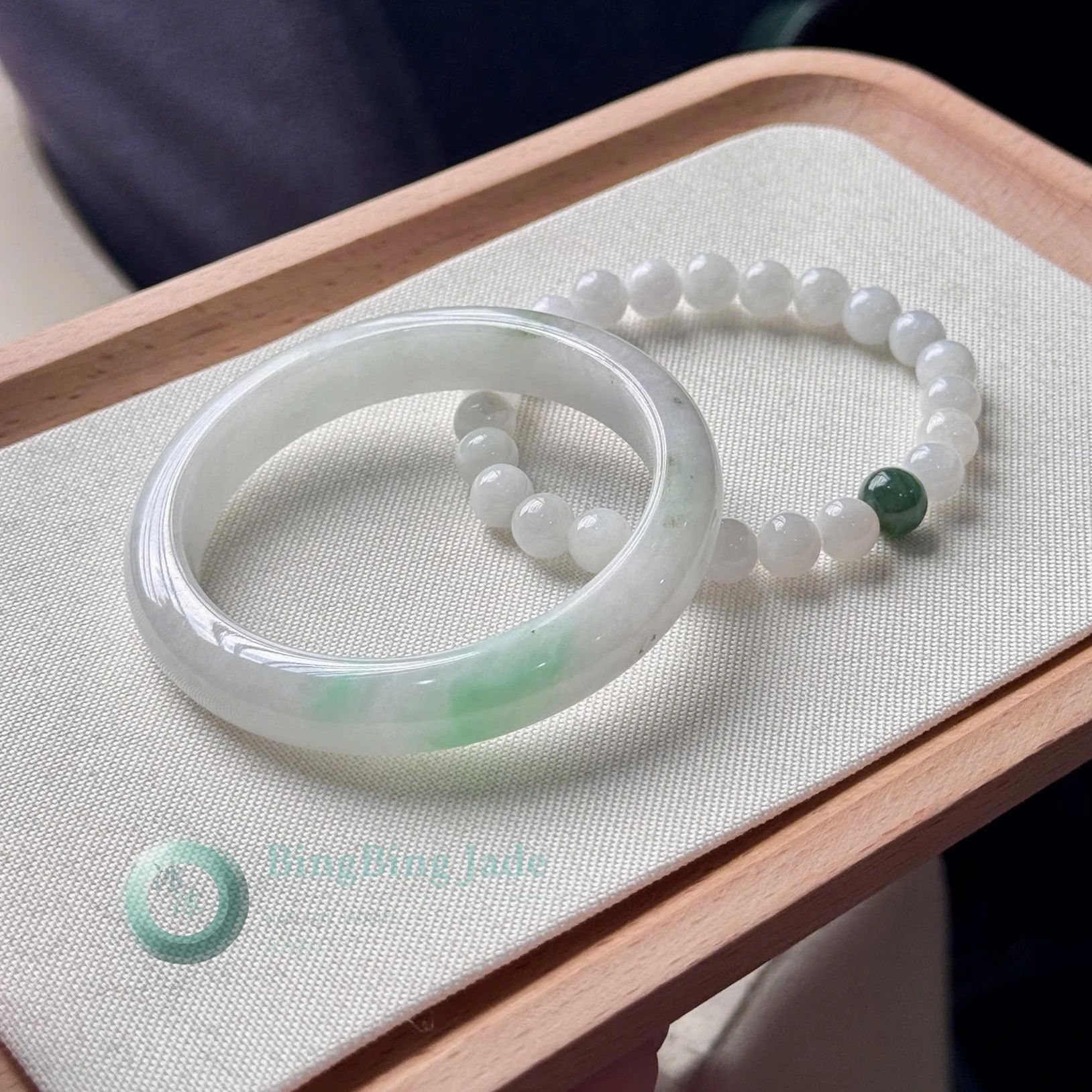White Jade with Fresh Green Kisses — Bangle & Bead Set 52.6mm