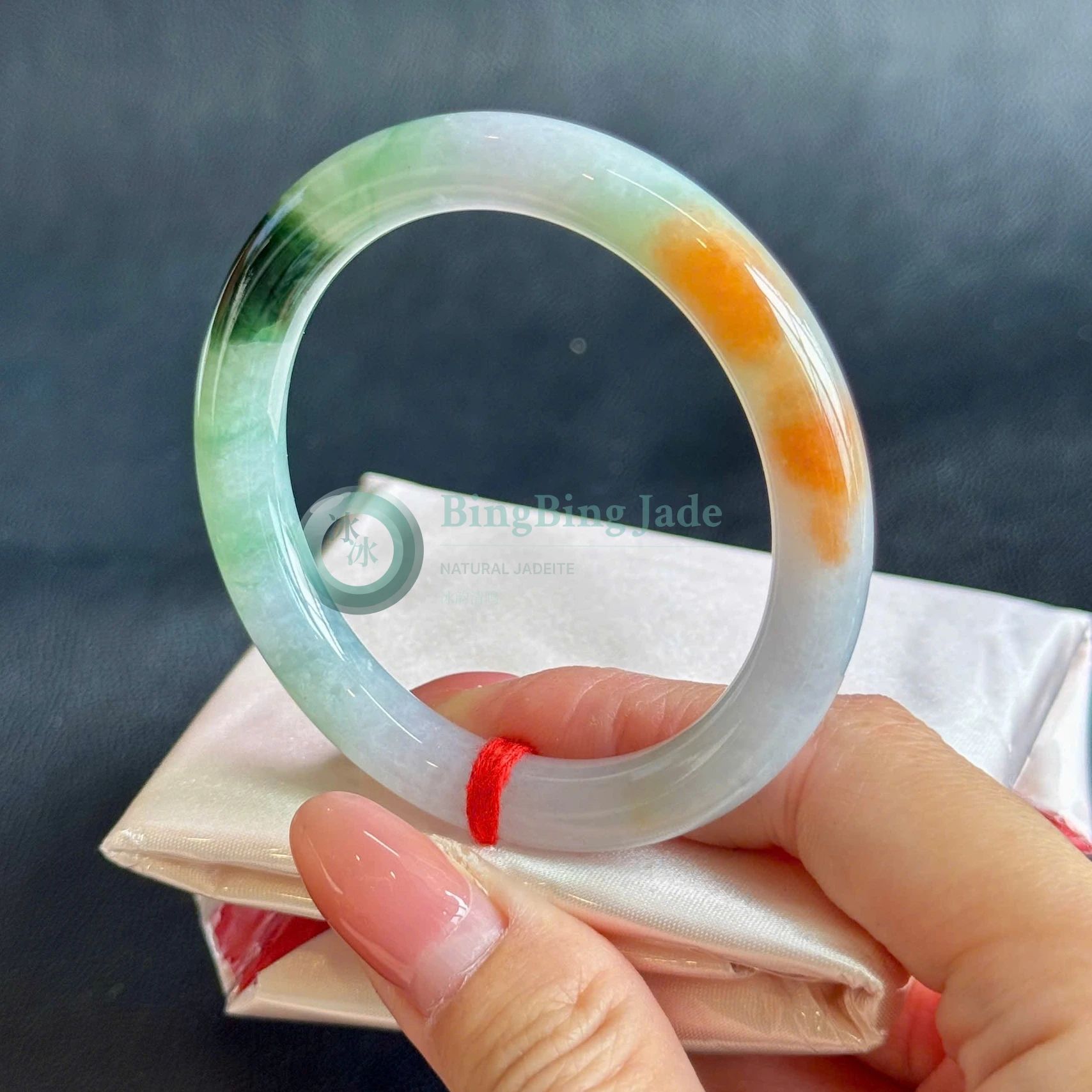 Three-Color Floating Bloom Jadeite Bangle 51.7mm — Emerald, Amber & Soft Spring Green